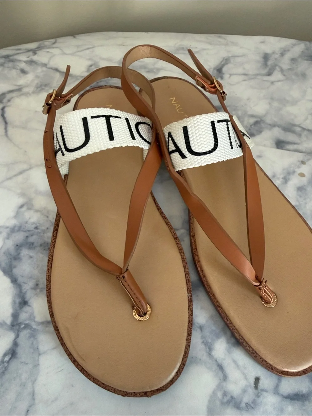 Nautica Tan Leather Thong Sandals with White Logo Strap